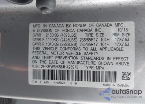 2018 Honda Cr-V Lx из США, поврежденный, VIN 2HKRW5H38JH425973